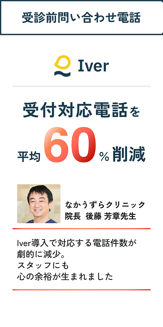 受診前問い合わせ電話【Iver】受付対応電話を平均60%削減。なかうずらクリニック院長後藤 芳章先生「Iver導入で対応する電話軒数が劇的に減少。スタッフにも心の余裕が生まれました」